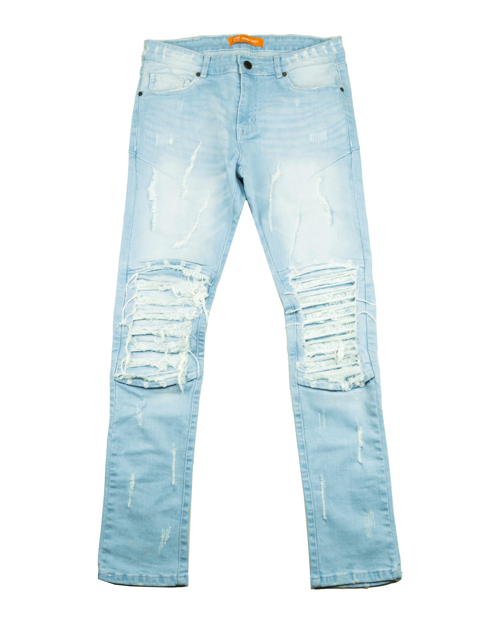 RANDOLPH | Men's Slim Skinny Shredded Rip & Repair Denim Jeans in Light Wash