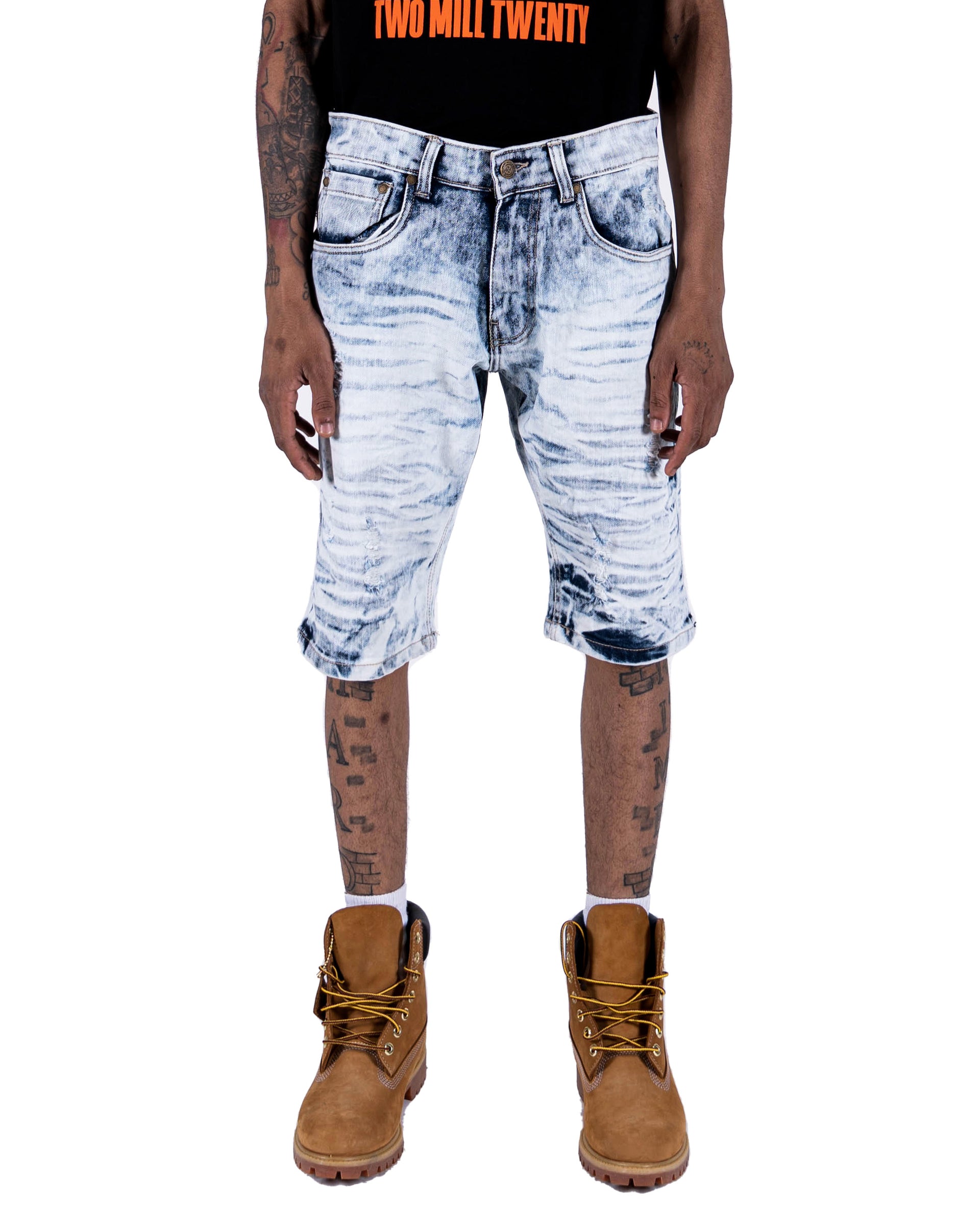 ROOSEVELT | Men's Classic Fit Knee Length Treated Denim Jean Shorts in Acid Wash