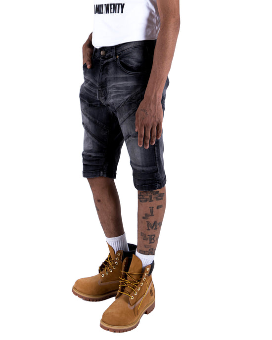 HARRISON | Men's Classic Fit Carpenter Style Distressed Denim Jean Shorts in Black Asphalt