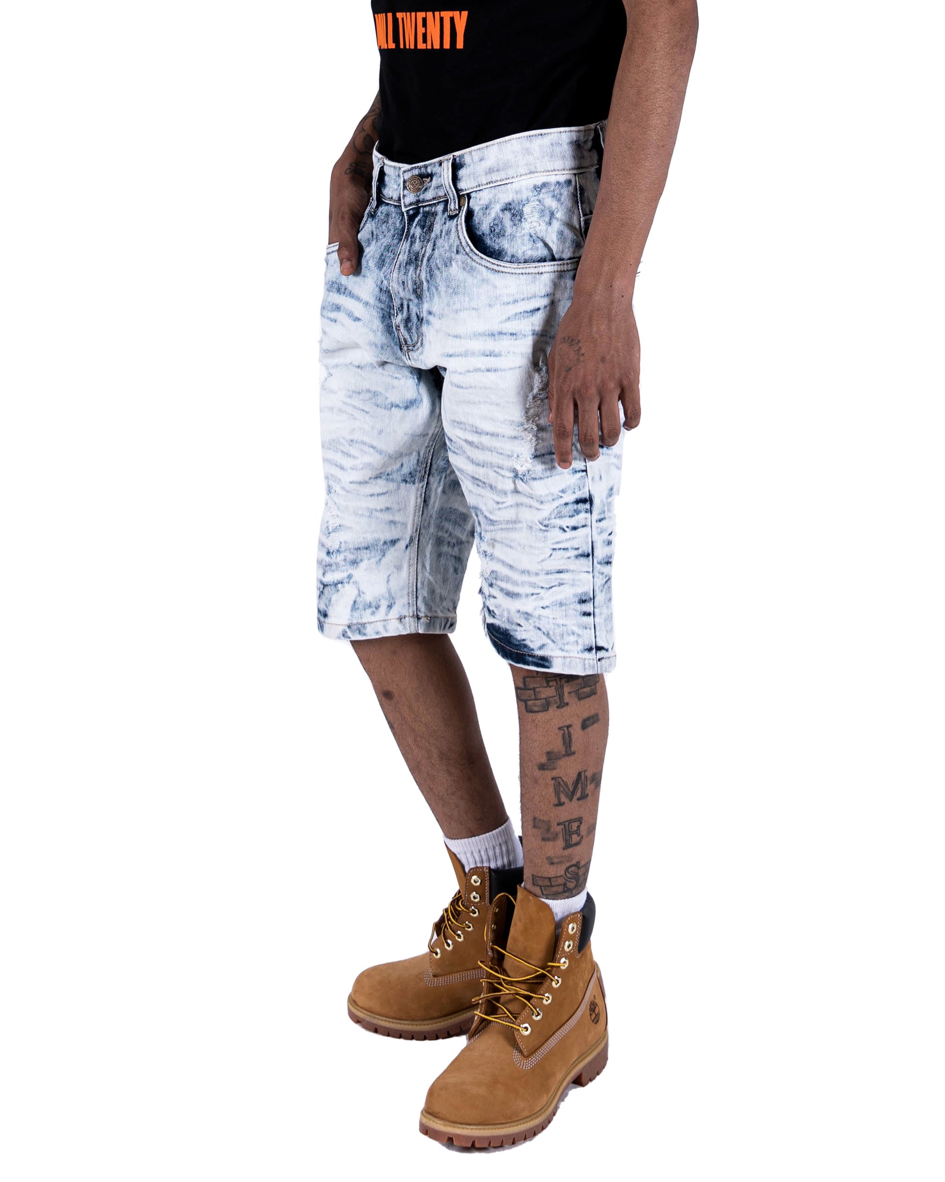 ROOSEVELT | Men's Classic Fit Knee Length Treated Denim Jean Shorts in Acid Wash