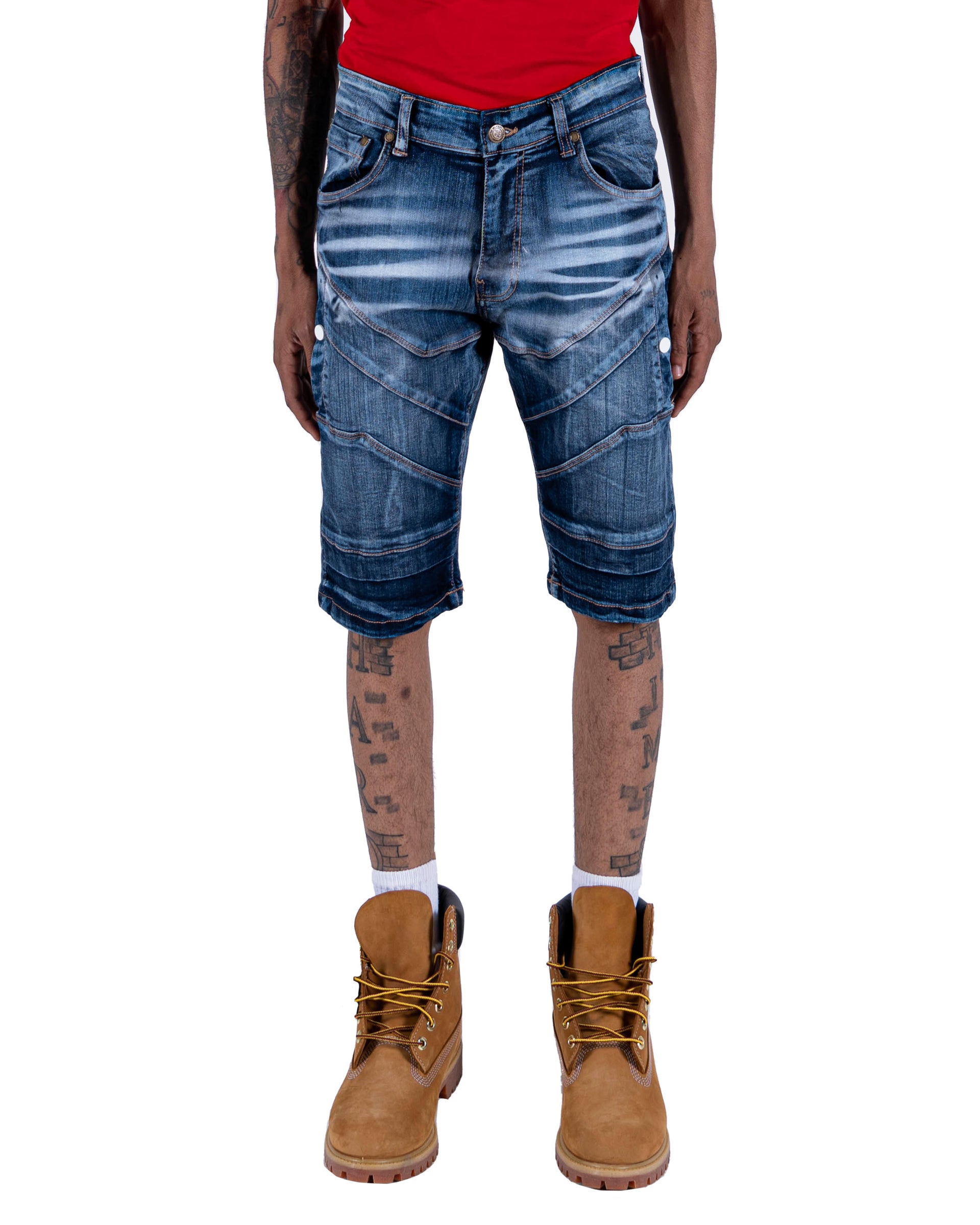 HARRISON | Men's Classic Fit Carpenter Style Distressed Denim Jean Shorts in Blue Ink Stain
