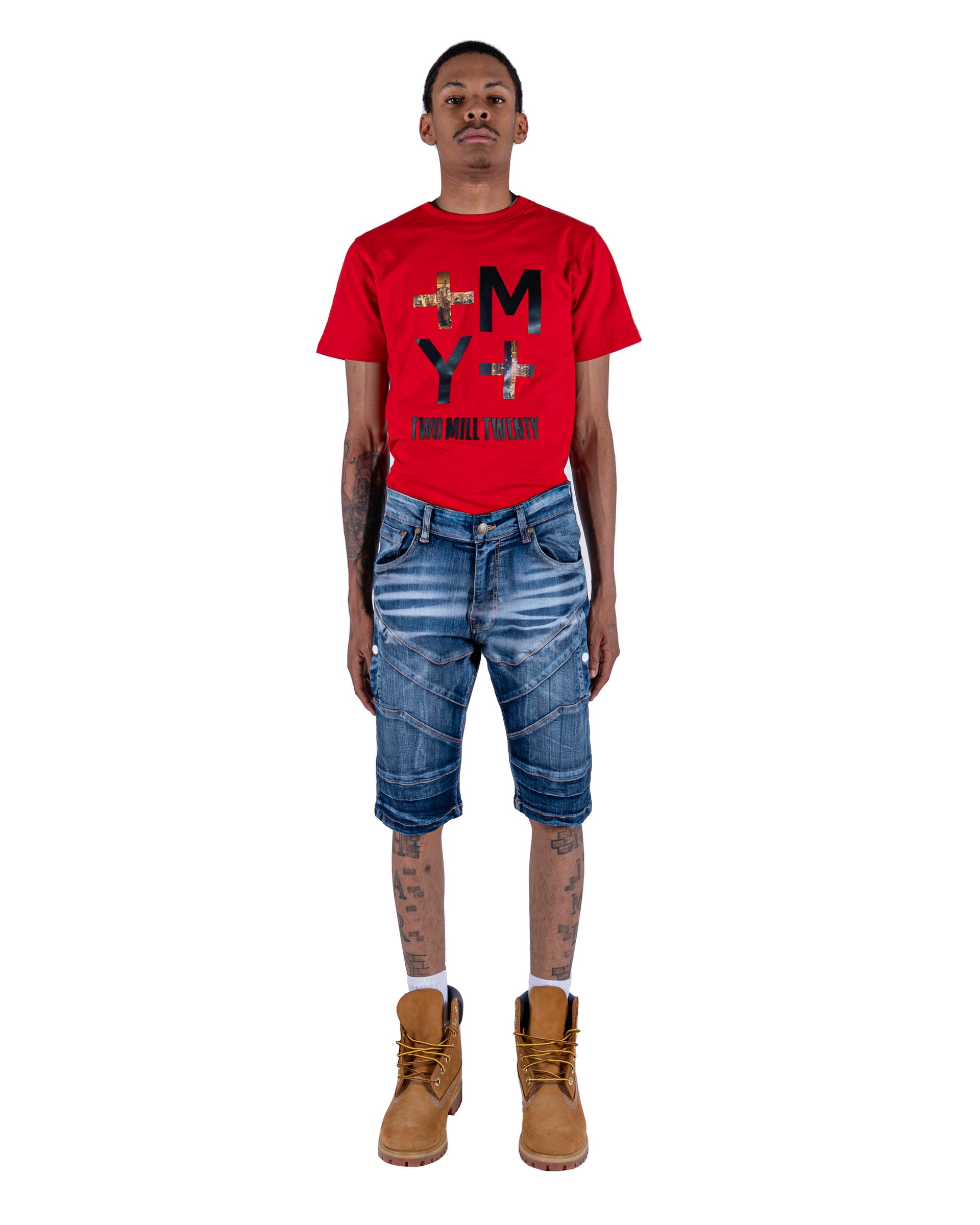HARRISON | Men's Classic Fit Carpenter Style Distressed Denim Jean Shorts in Blue Ink Stain