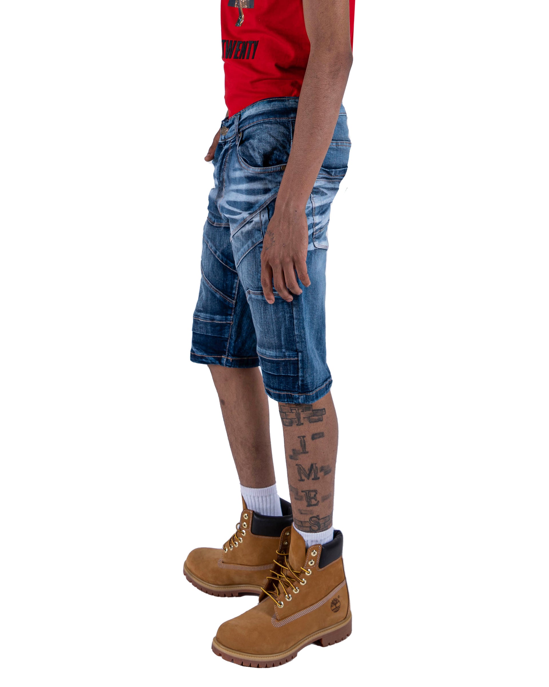 HARRISON | Men's Classic Fit Carpenter Style Distressed Denim Jean Shorts in Blue Ink Stain