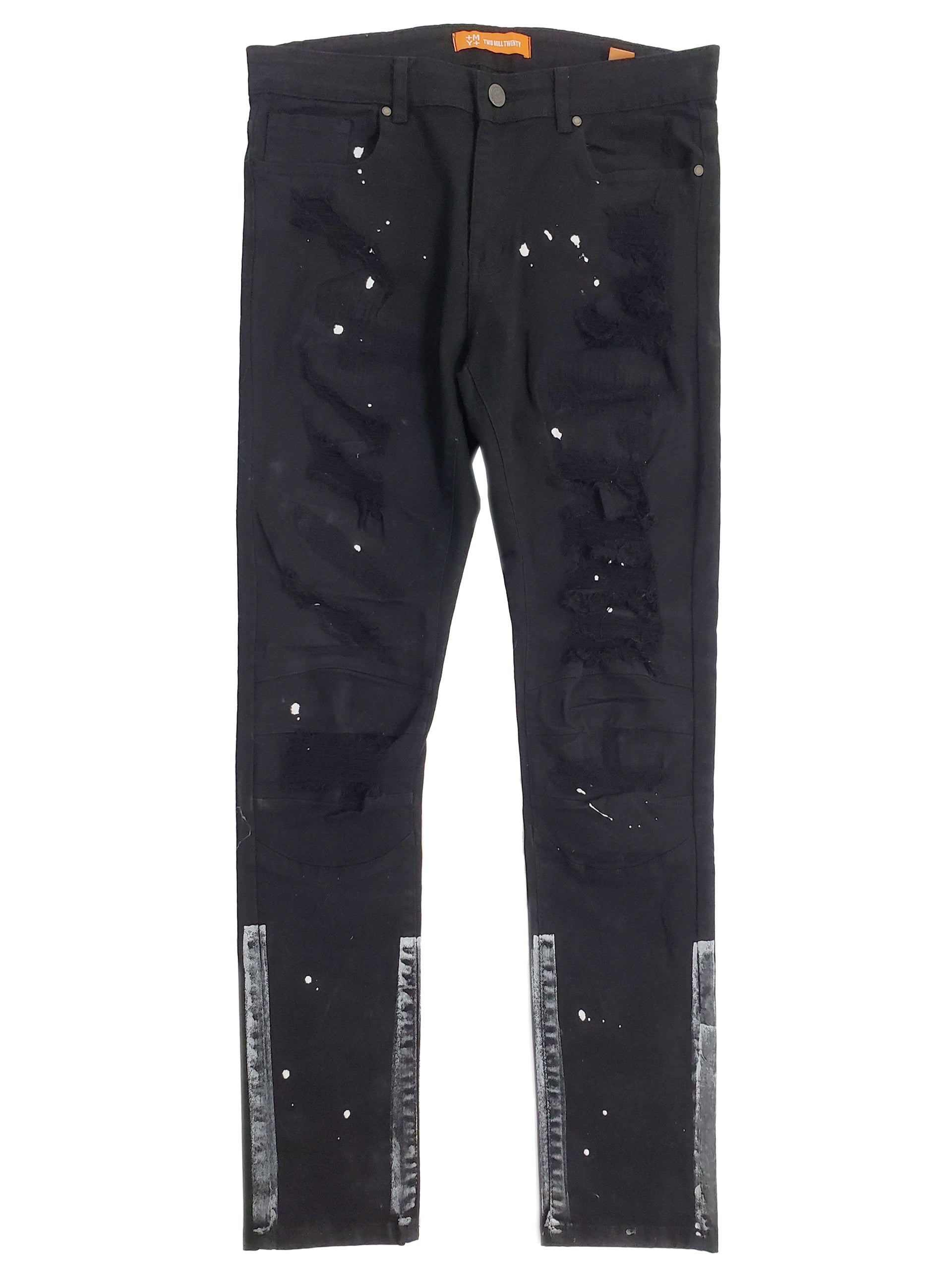 DAMEN | Men's Slim Fit Denim Pants Rip & Repair 3D Knee Detail with Splatter Paint in Jet Black