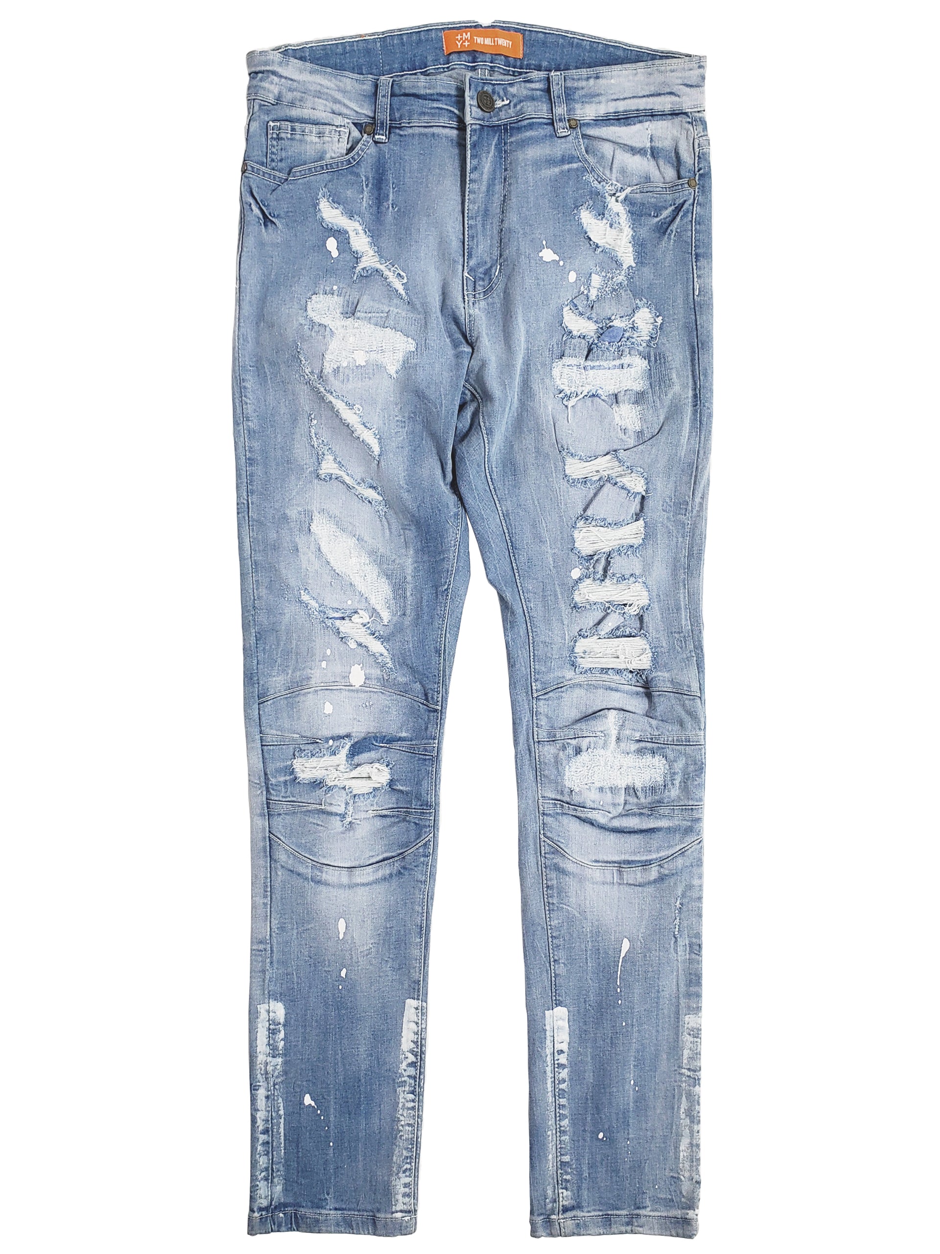 HALSTED | Men's Slim Fit Denim Pants Rip & Repair 3D Knee Detail with Splatter Paint in Light Wash