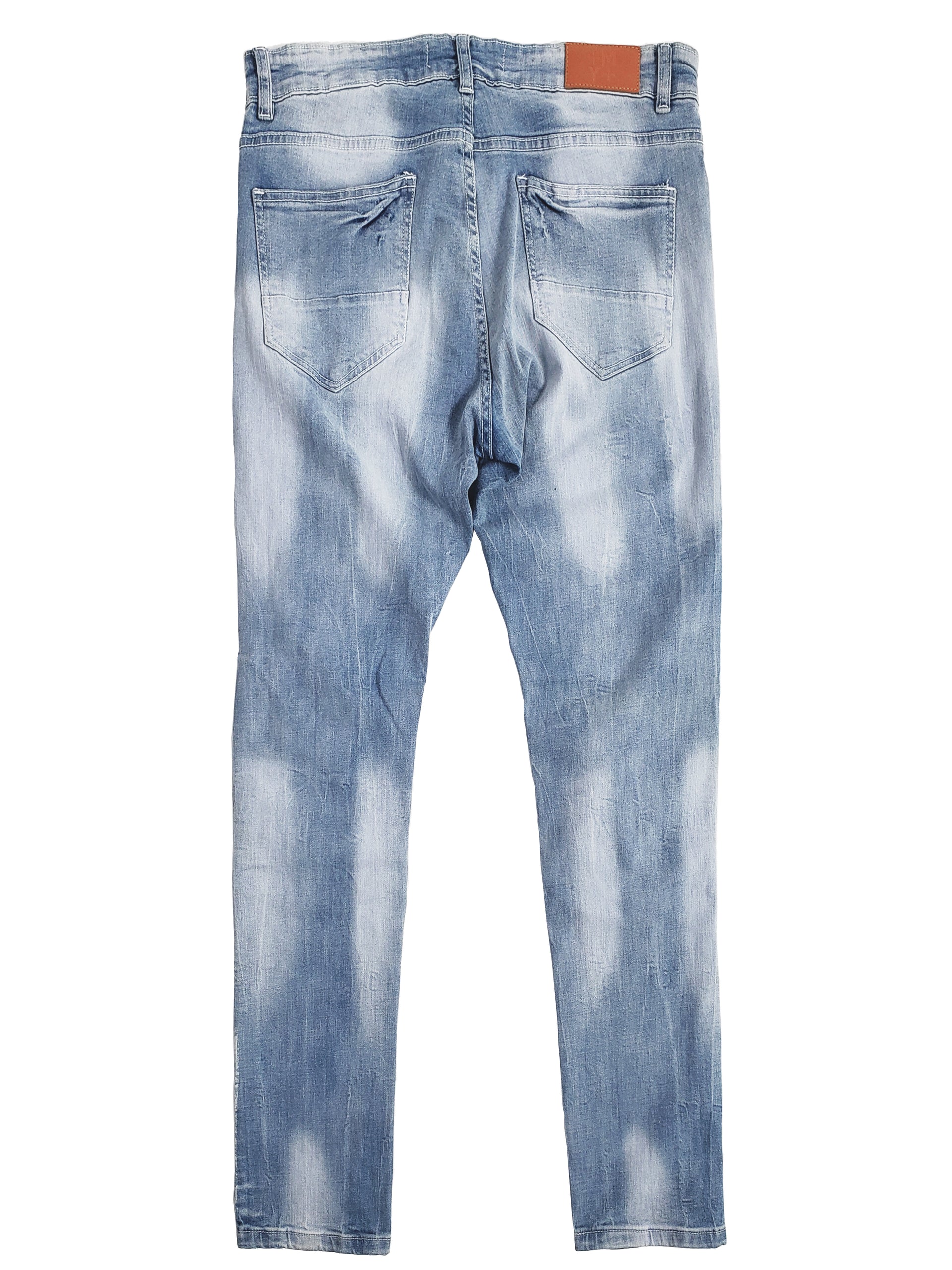 HALSTED | Men's Slim Fit Denim Pants Rip & Repair 3D Knee Detail with Splatter Paint in Light Wash