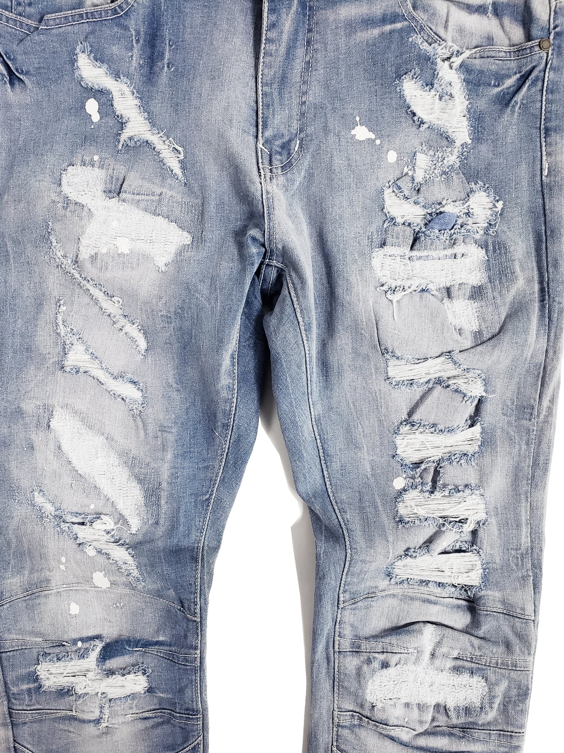 HALSTED | Men's Slim Fit Denim Pants Rip & Repair 3D Knee Detail with Splatter Paint in Light Wash
