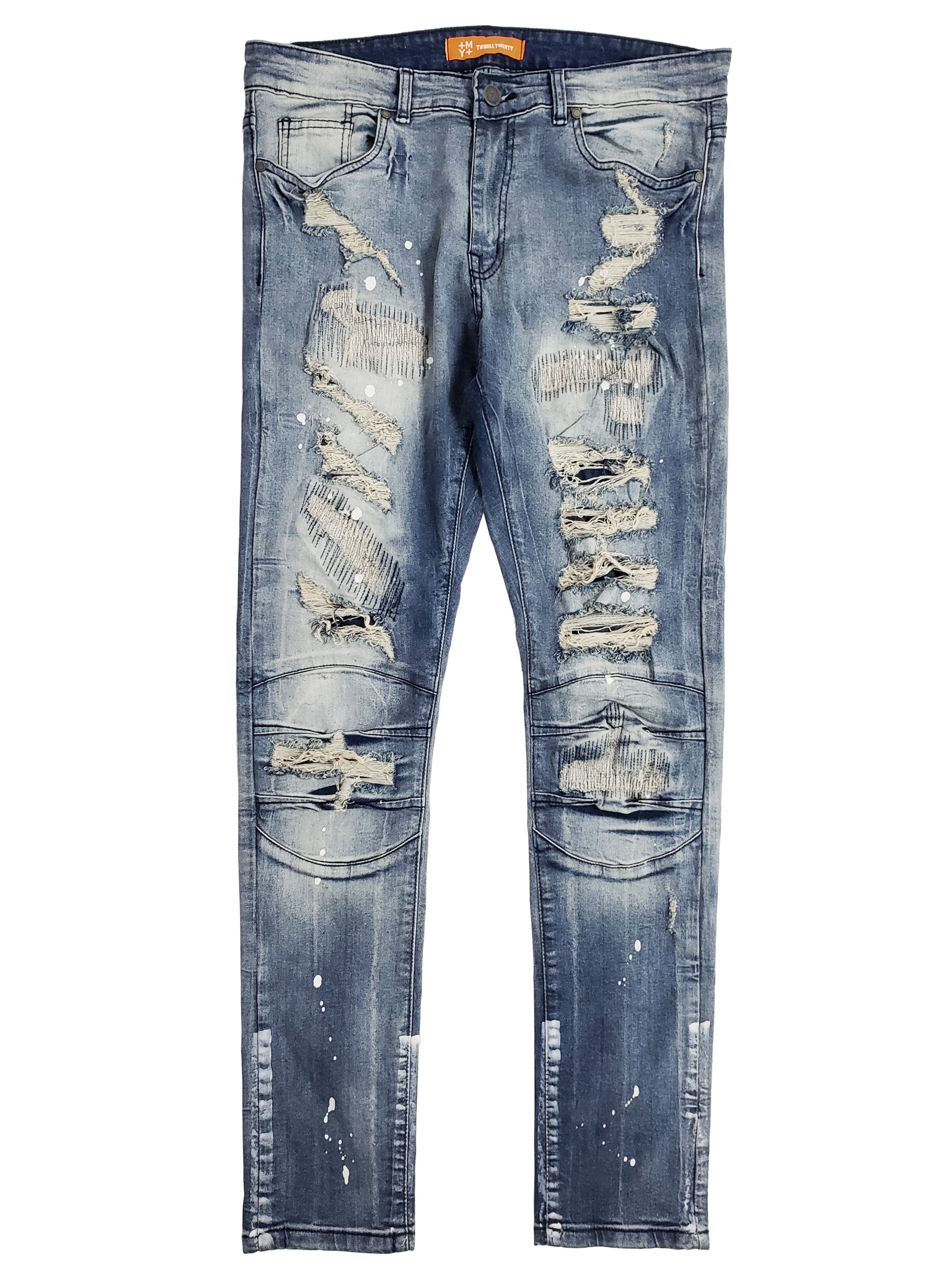 DIVISION | Men's Slim Fit Denim Pants Rip & Repair 3D Knee Detail with Splatter Paint in Vintage Dark Wash
