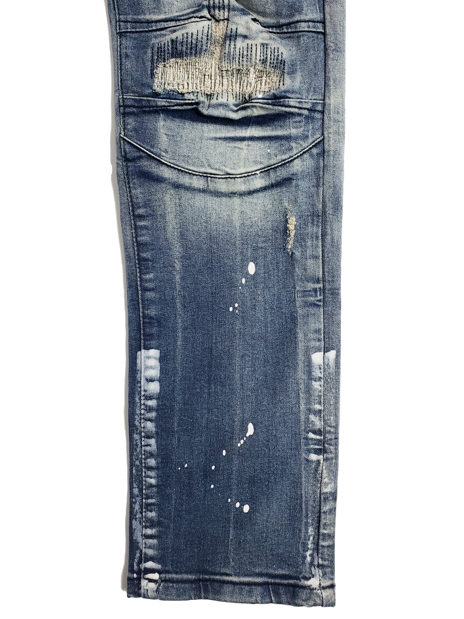 DIVISION | Men's Slim Fit Denim Pants Rip & Repair 3D Knee Detail with Splatter Paint in Vintage Dark Wash