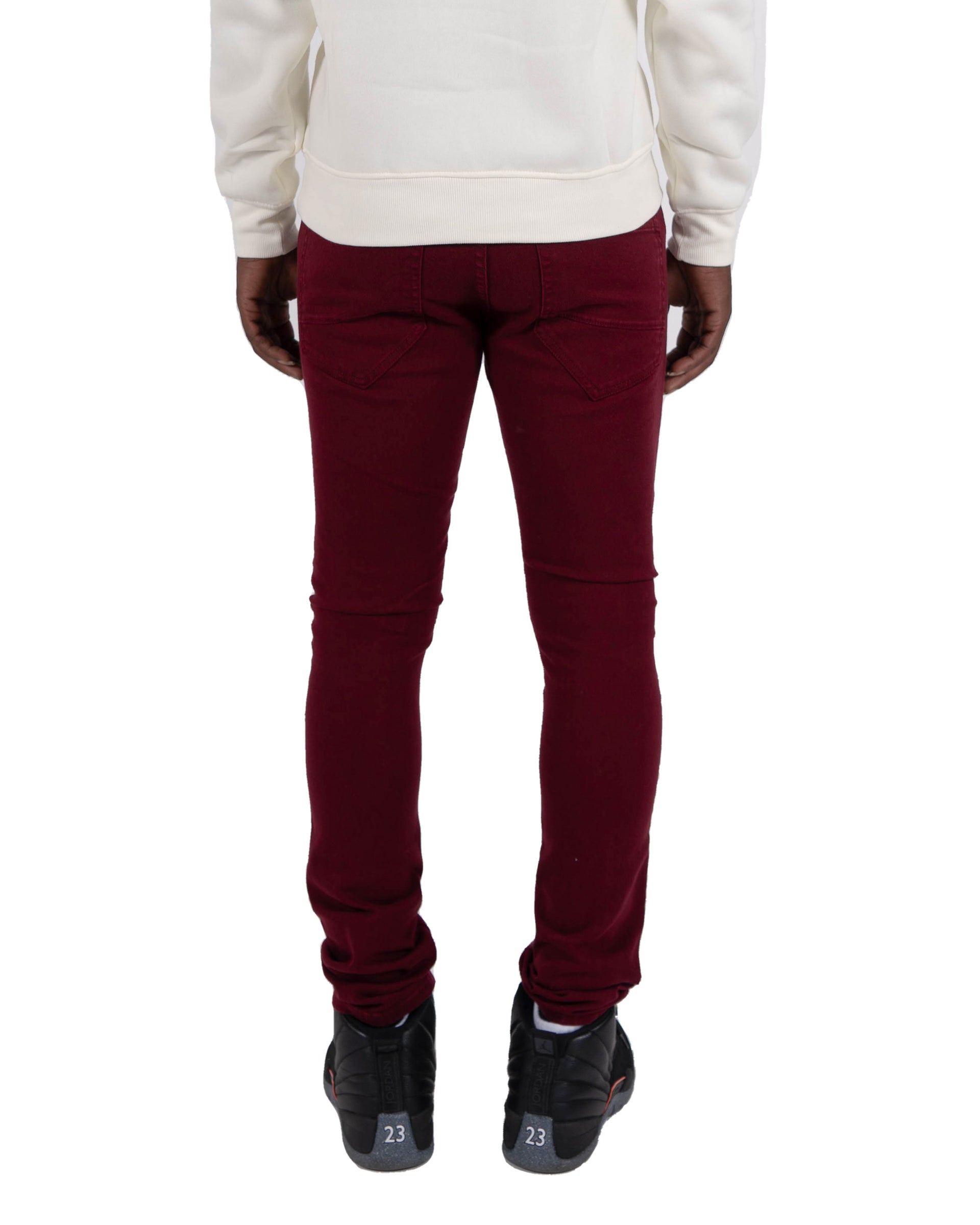 LASALLE | Slim Skinny Ripped Torn Stitched Patched Urban Streetwear Designer Denim Jeans in Burgundy