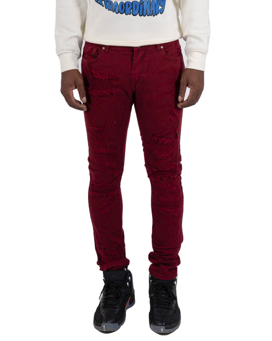 LASALLE | Slim Skinny Ripped Torn Stitched Patched Urban Streetwear Designer Denim Jeans in Burgundy