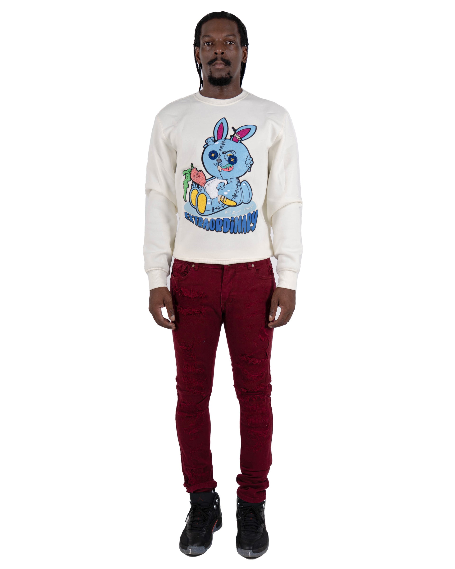 LASALLE | Slim Skinny Ripped Torn Stitched Patched Urban Streetwear Designer Denim Jeans in Burgundy