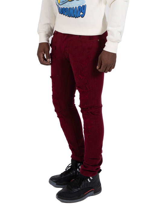 LASALLE | Slim Skinny Ripped Torn Stitched Patched Urban Streetwear Designer Denim Jeans in Burgundy
