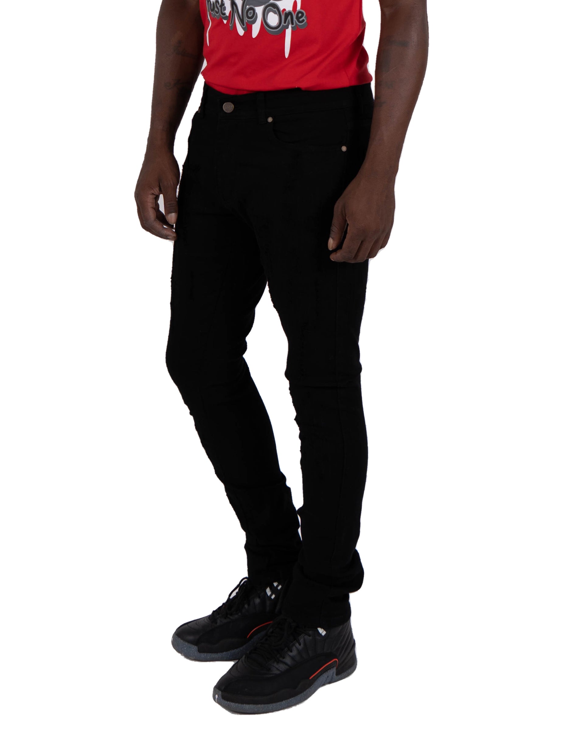 ELSTON | Slim Skinny Scratched Stitch Repaired Urban Streetwear Designer Fashion Denim Jeans in Black