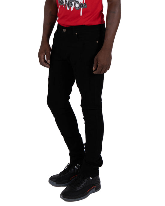ELSTON | Slim Skinny Scratched Stitch Repaired Urban Streetwear Designer Fashion Denim Jeans in Black