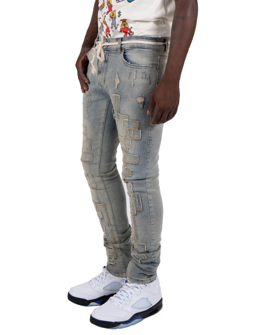 MCCORMICK | Slim Skinny Geometric Patchwork Distressed Denim Urban Fashion Jeans in Vintage Wash