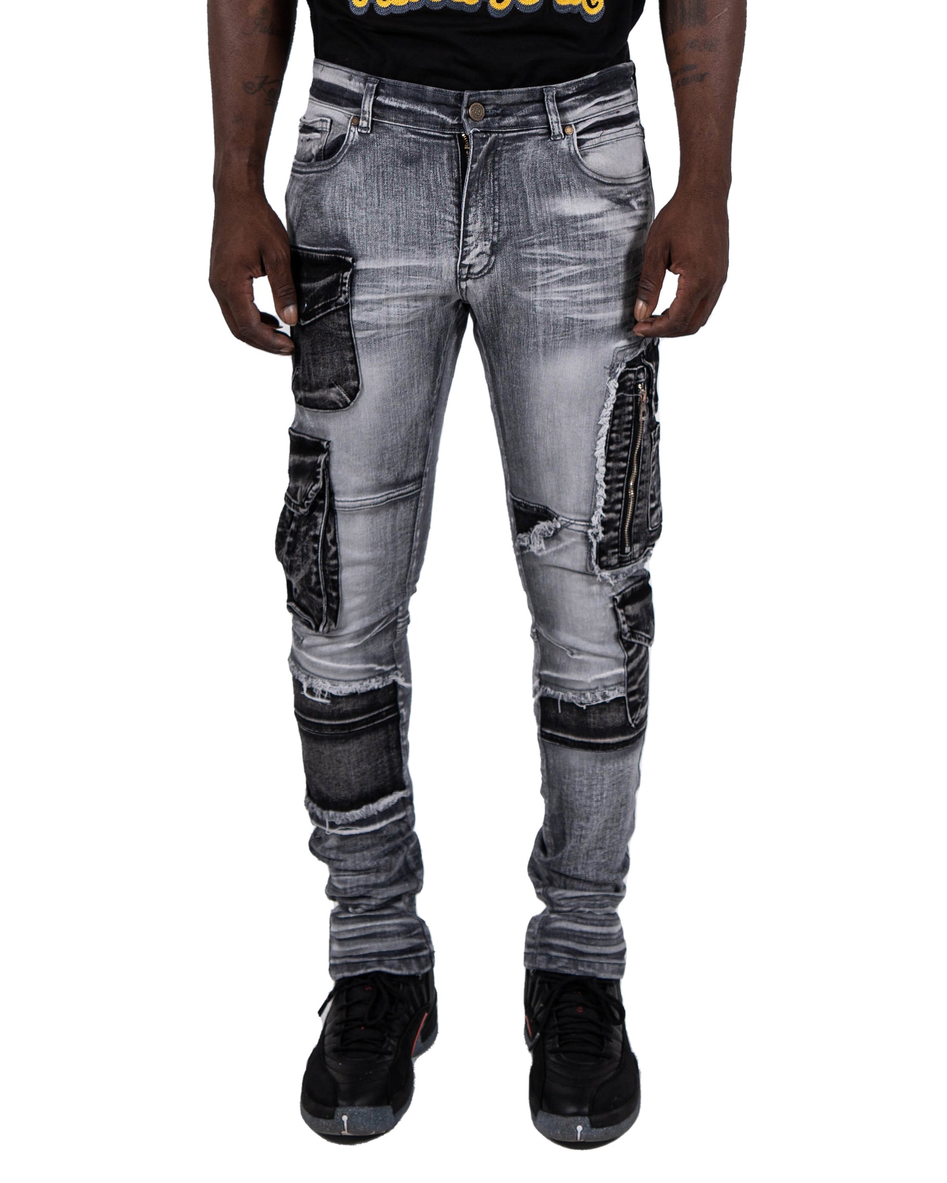 WINCHESTER | Slim Skinny Acid Wash Cargo Pocket Urban Streetwear Designer Denim Jeans in Grey Acid