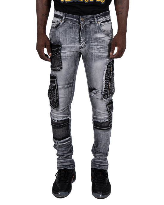 WINCHESTER | Slim Skinny Acid Wash Cargo Pocket Urban Streetwear Designer Denim Jeans in Grey Acid