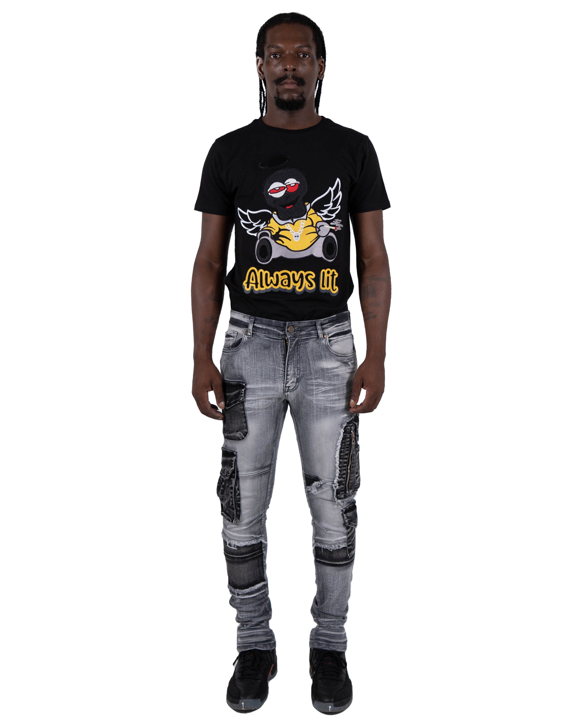 WINCHESTER | Slim Skinny Acid Wash Cargo Pocket Urban Streetwear Designer Denim Jeans in Grey Acid