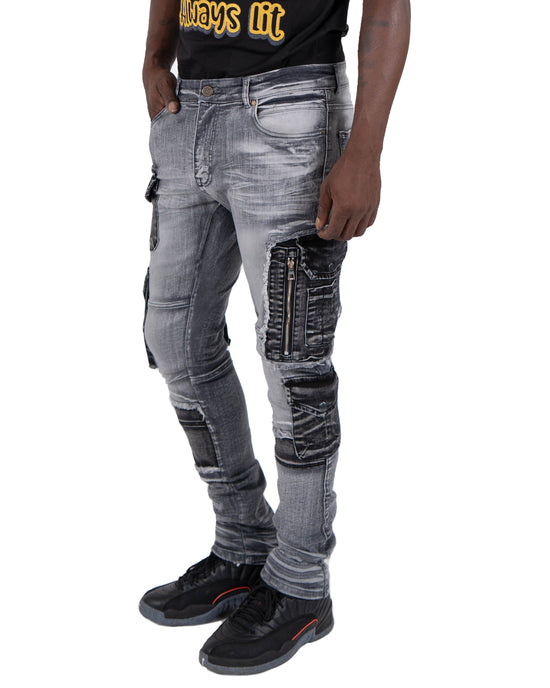 WINCHESTER | Slim Skinny Acid Wash Cargo Pocket Urban Streetwear Designer Denim Jeans in Grey Acid