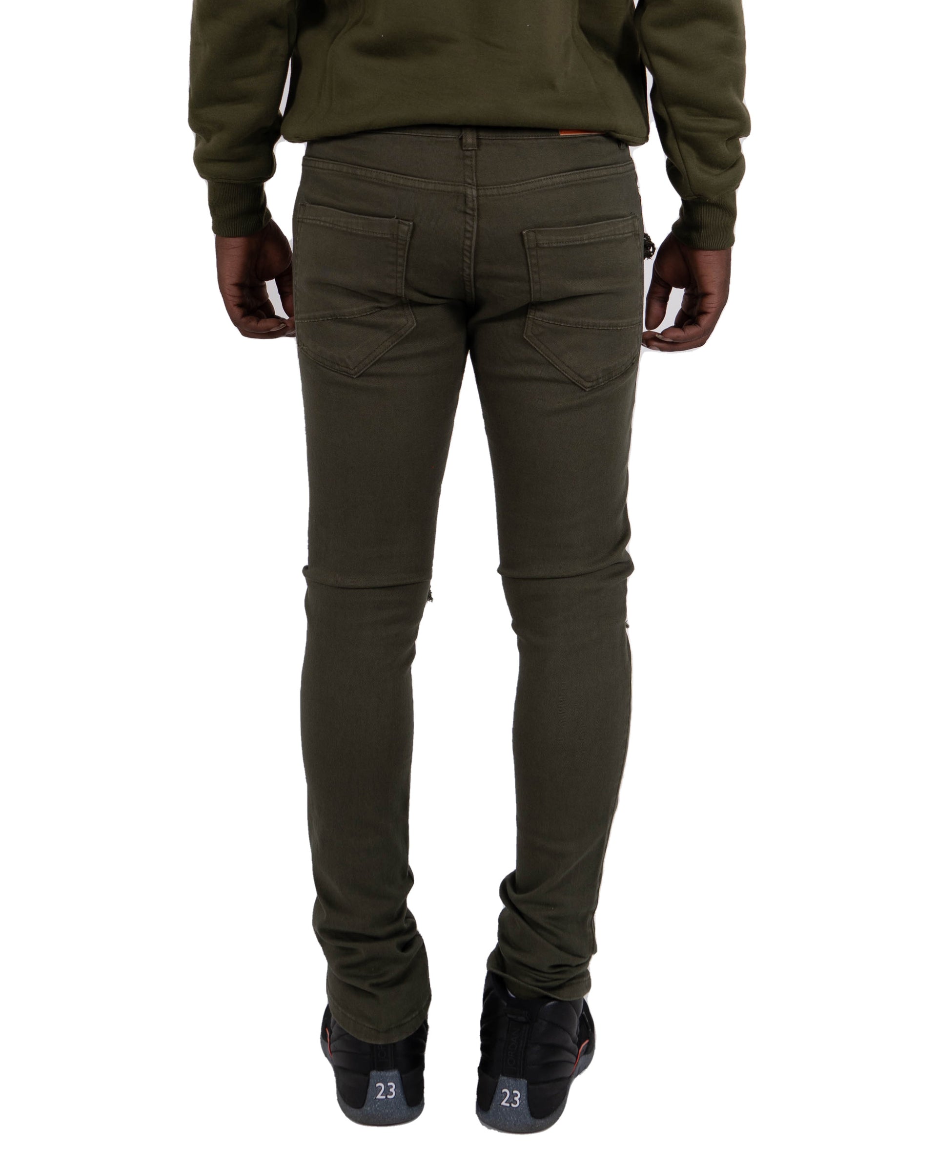 OGDEN | Slim Skinny Ripped Torn Stitched Patched Urban Streetwear Designer Denim Jeans in Olive