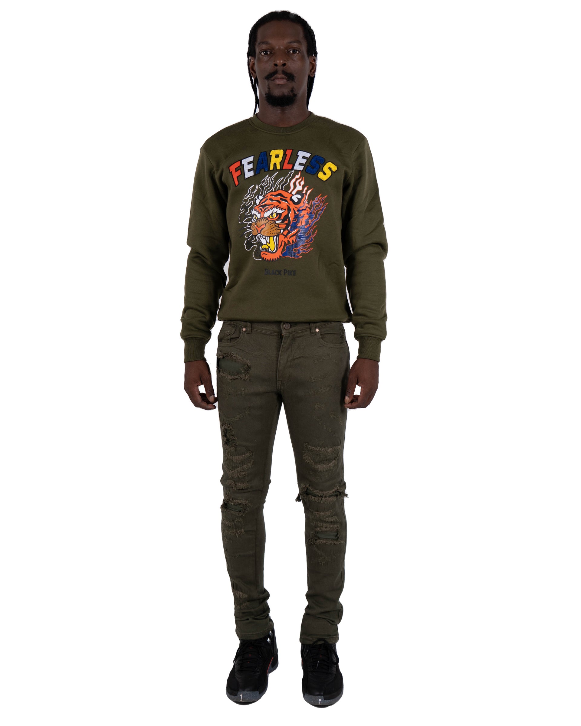 OGDEN | Slim Skinny Ripped Torn Stitched Patched Urban Streetwear Designer Denim Jeans in Olive