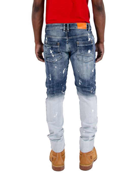 KEDZIE | Men's Slim Fit Rip & Repair with Splatter Paint in Light Stonewash Blue