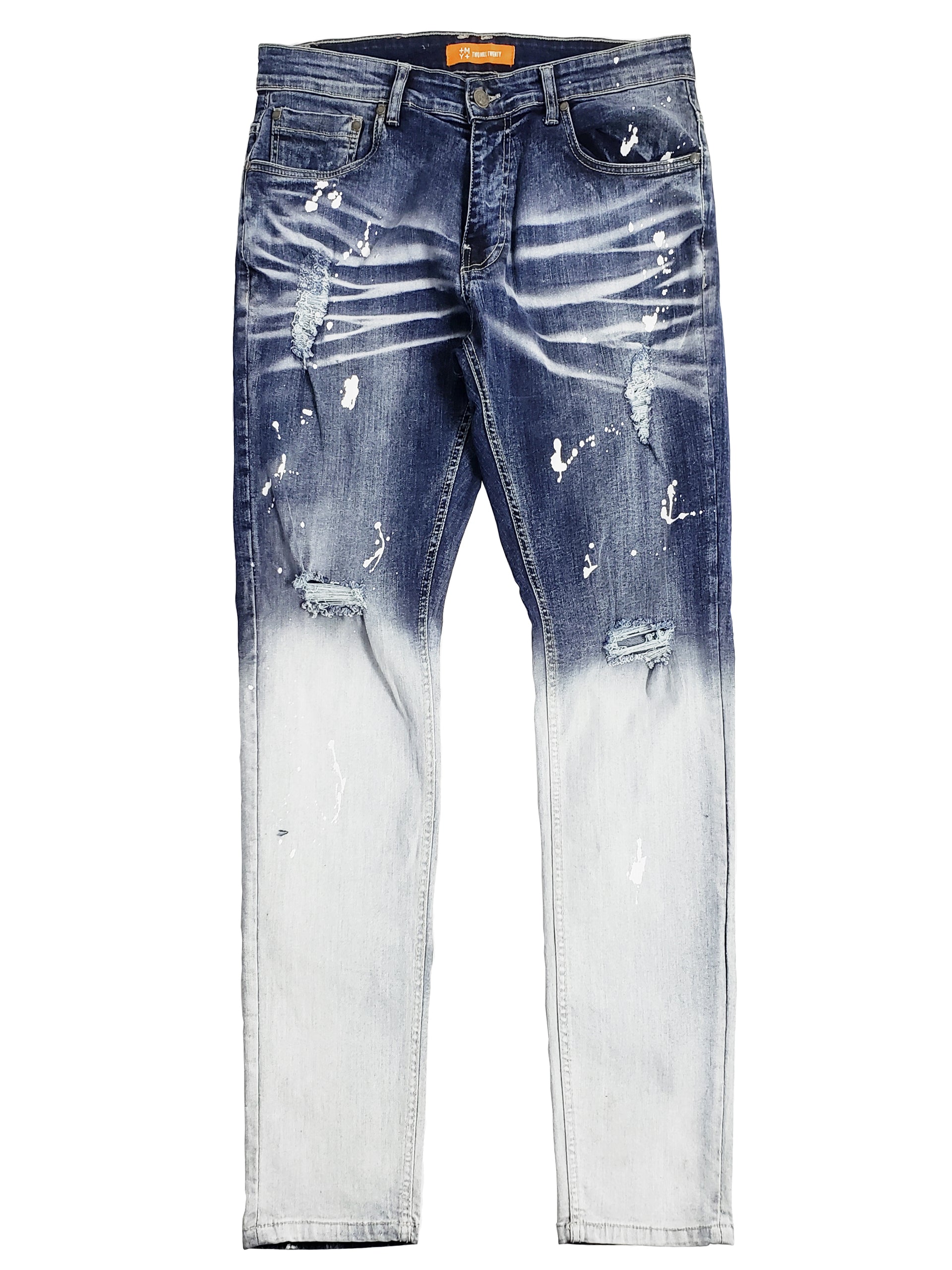 KEDZIE | Men's Slim Fit Rip & Repair with Splatter Paint in Light Stonewash Blue