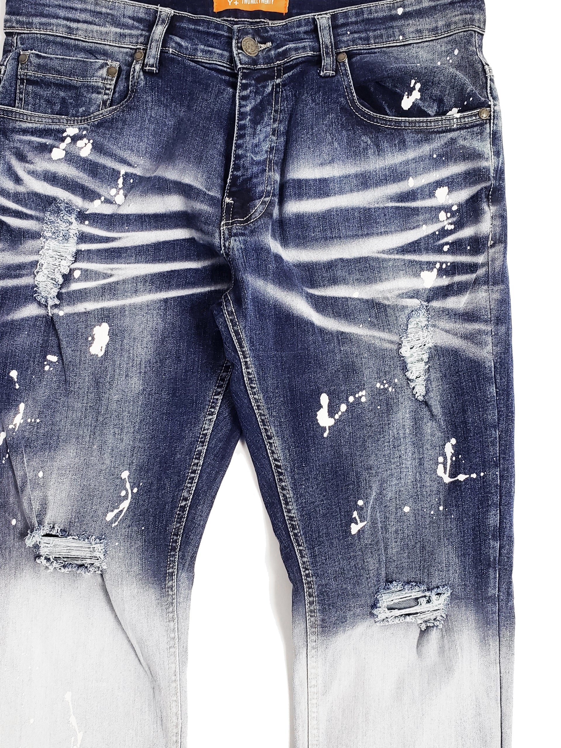 KEDZIE | Men's Slim Fit Rip & Repair with Splatter Paint in Light Stonewash Blue