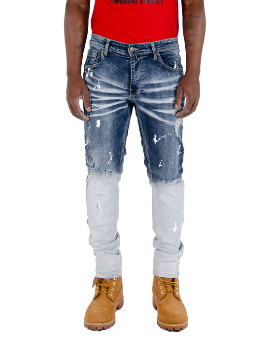 KEDZIE | Men's Slim Fit Rip & Repair with Splatter Paint in Light Stonewash Blue