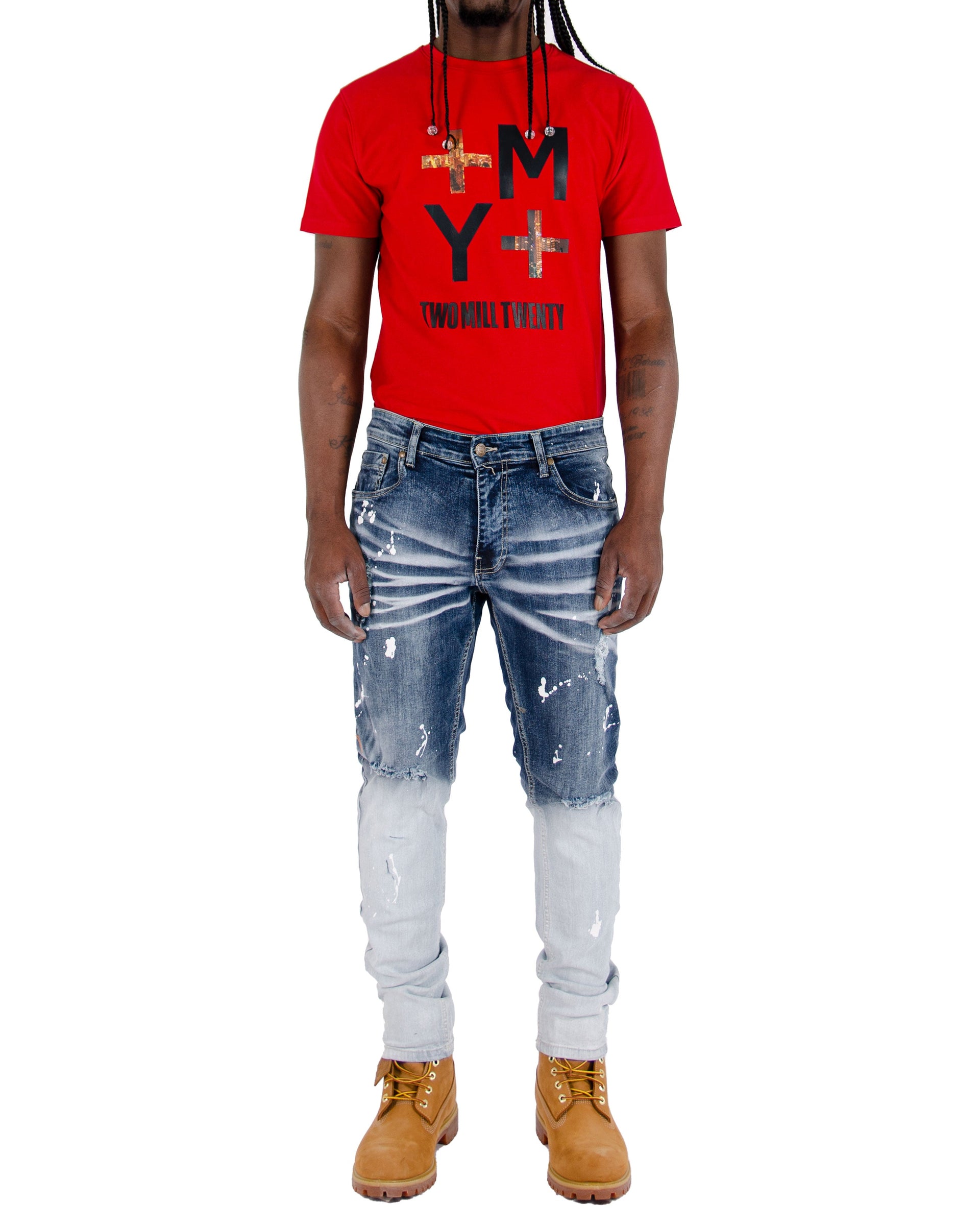KEDZIE | Men's Slim Fit Rip & Repair with Splatter Paint in Light Stonewash Blue