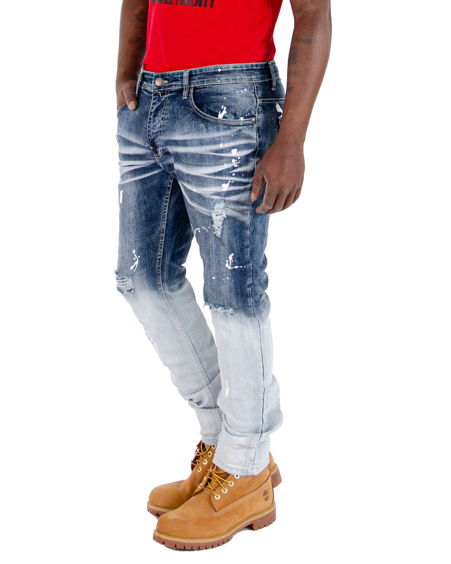 KEDZIE | Men's Slim Fit Rip & Repair with Splatter Paint in Light Stonewash Blue
