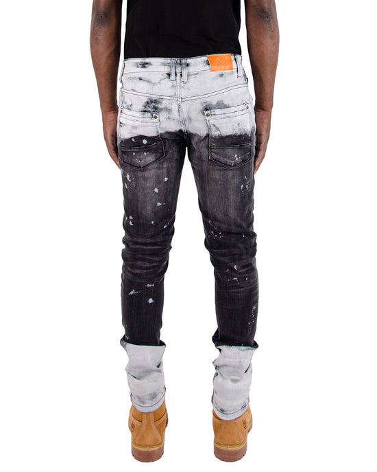 CLARK | Men's Slim Fit White Paint Washed Denim Rip & Repair in Black Stonewash
