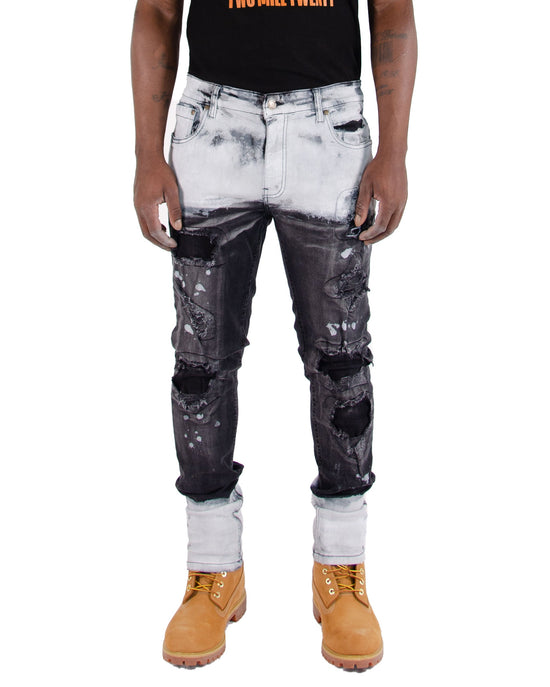 CLARK | Men's Slim Fit White Paint Washed Denim Rip & Repair in Black Stonewash