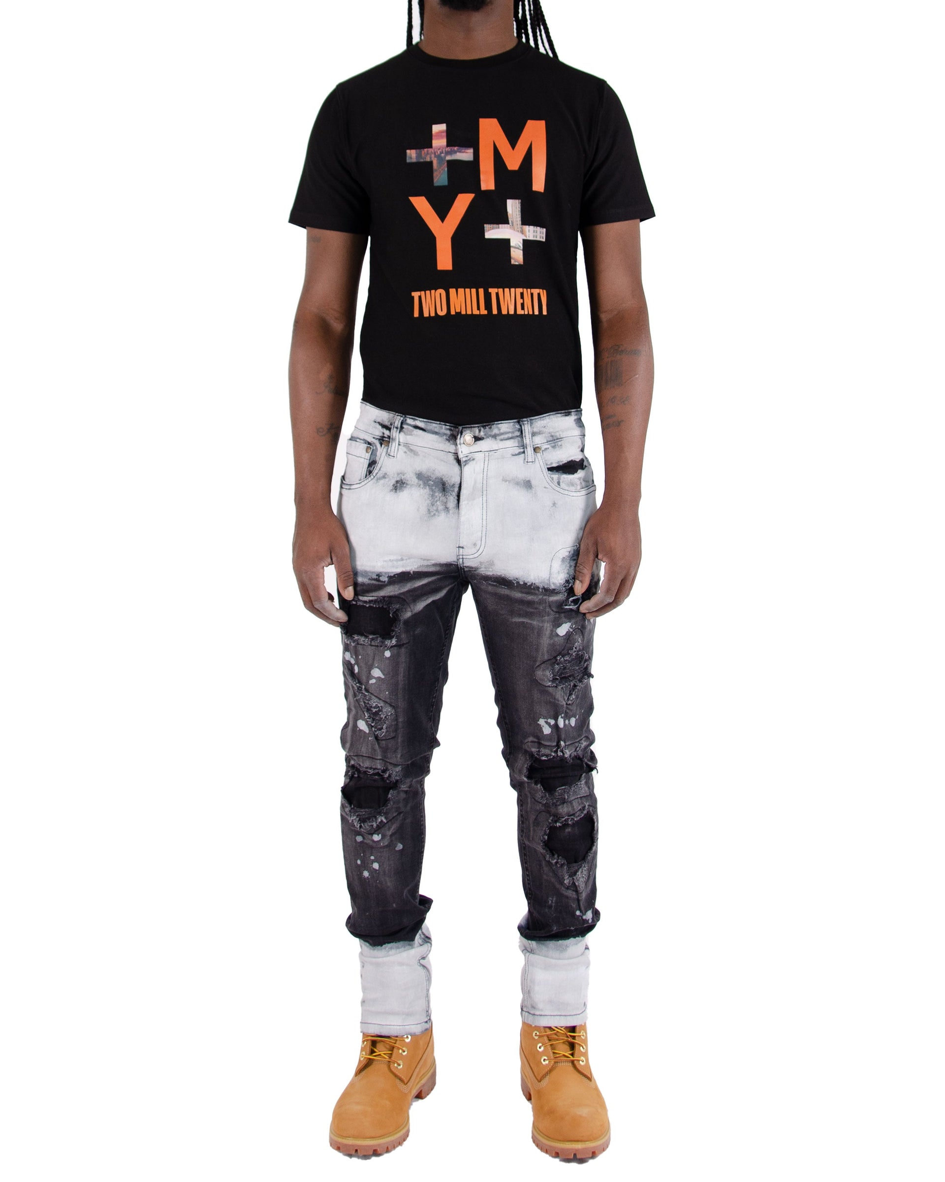 CLARK | Men's Slim Fit White Paint Washed Denim Rip & Repair in Black Stonewash