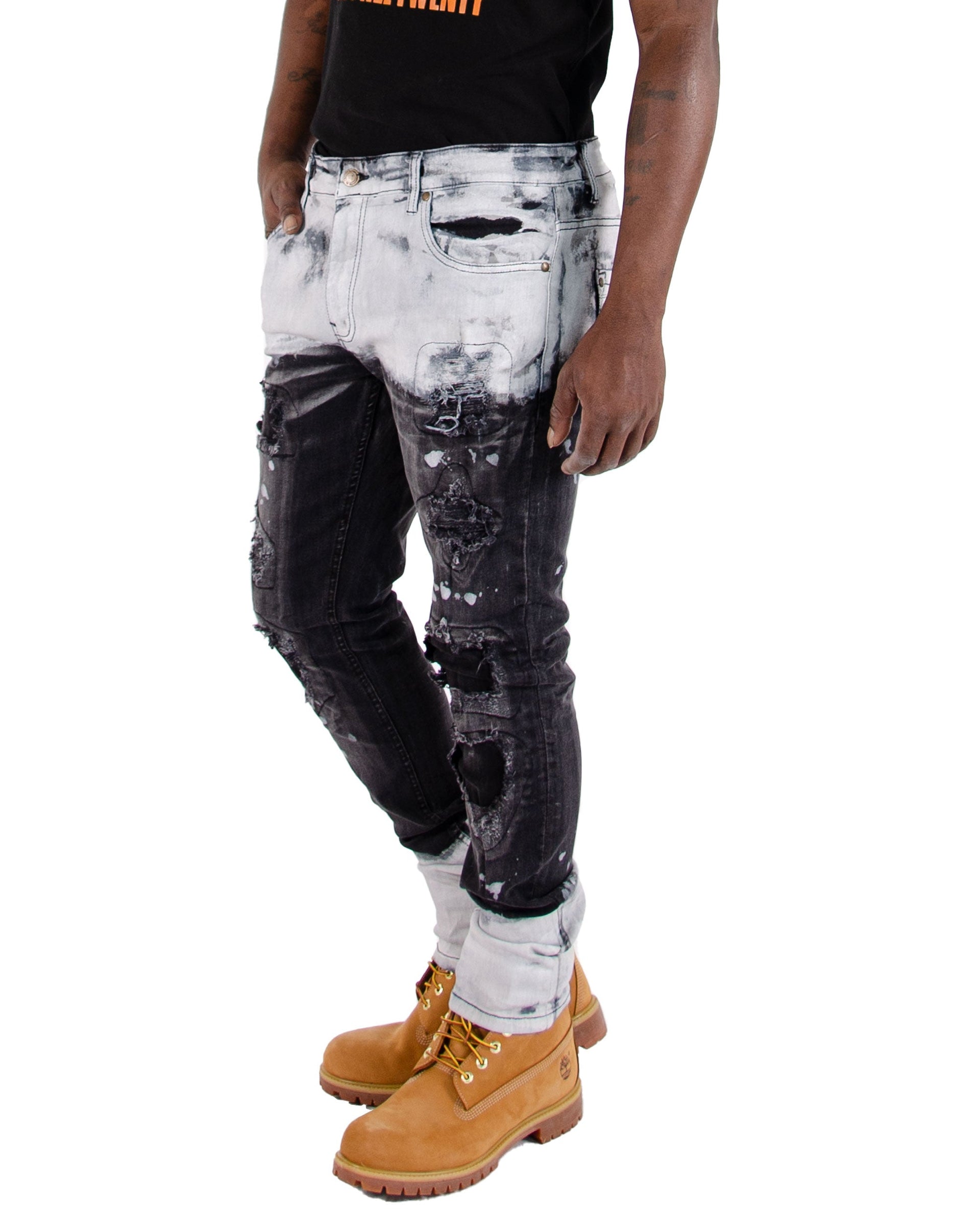 CLARK | Men's Slim Fit White Paint Washed Denim Rip & Repair in Black Stonewash