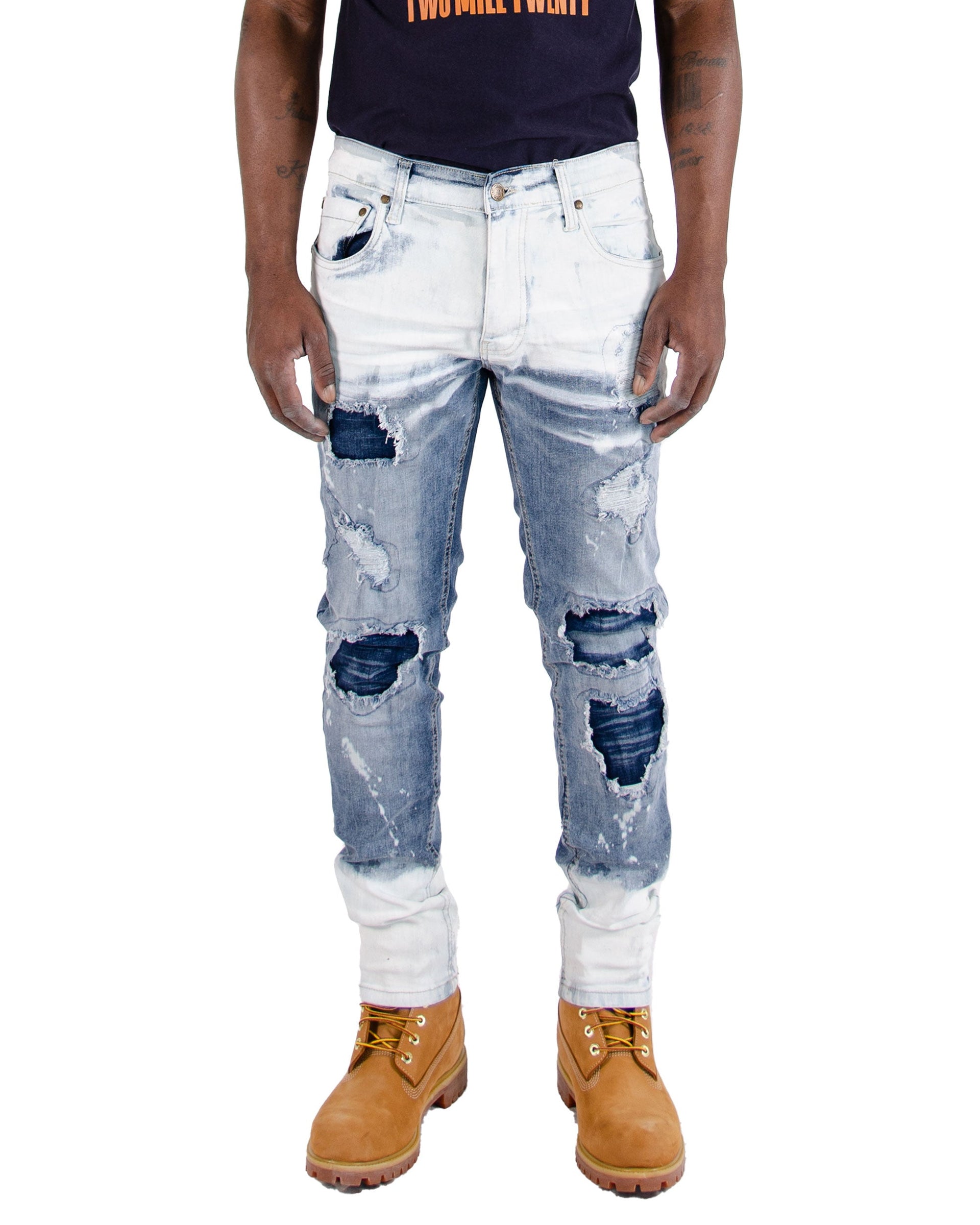WILLOW | Men's Slim Fit White Paint Washed Denim Rip & Repair in Black Stonewash