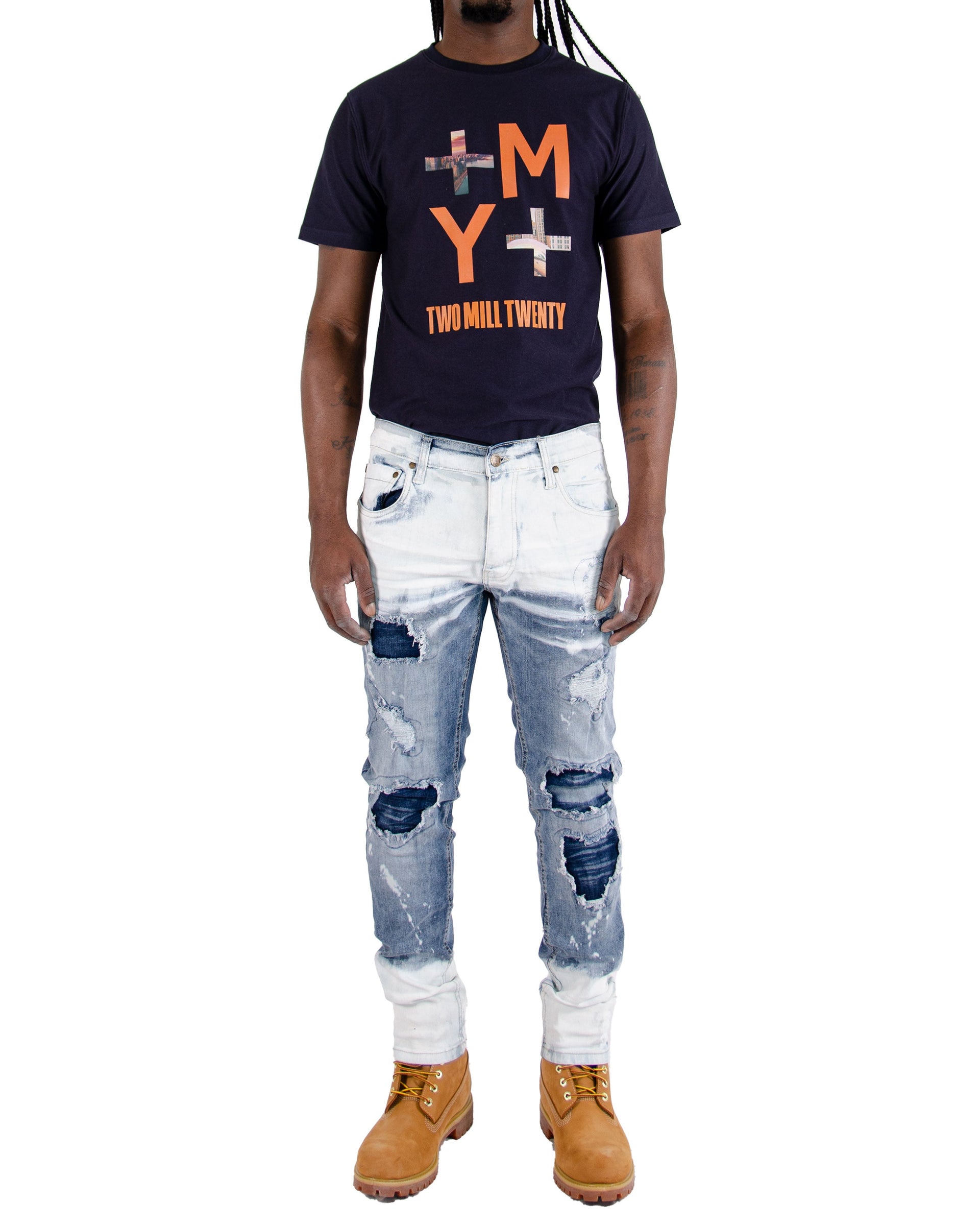 WILLOW | Men's Slim Fit White Paint Washed Denim Rip & Repair in Black Stonewash