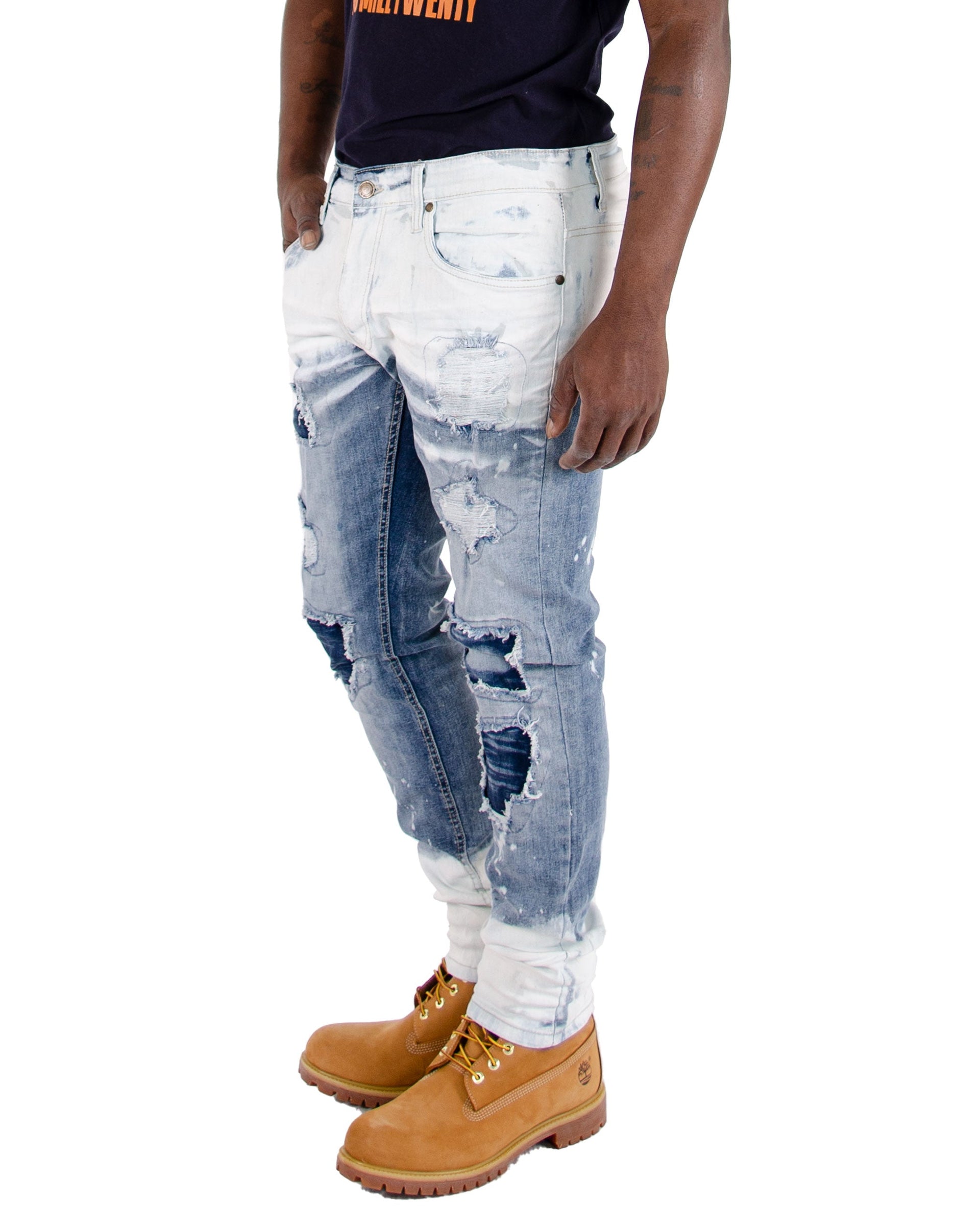 WILLOW | Men's Slim Fit White Paint Washed Denim Rip & Repair in Black Stonewash