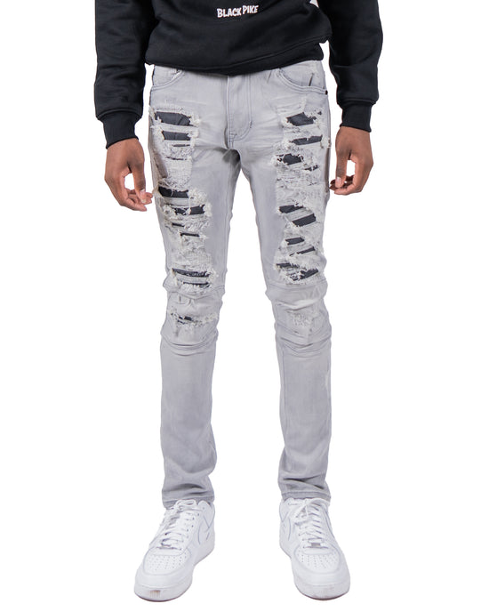BALLARD | Two Tone Rip & Repair Skinny Fit Denim Moto Jeans in Grey