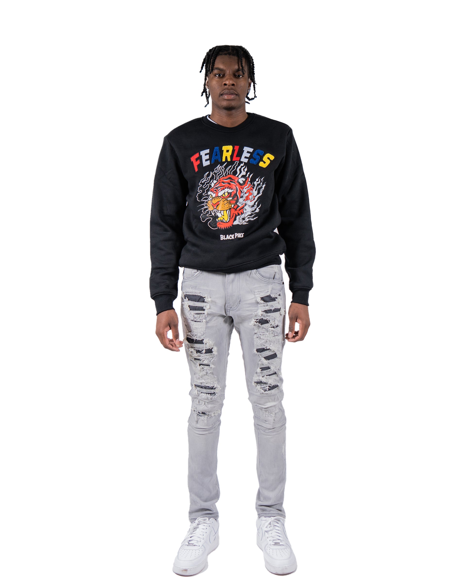 BALLARD | Two Tone Rip & Repair Skinny Fit Denim Moto Jeans in Grey