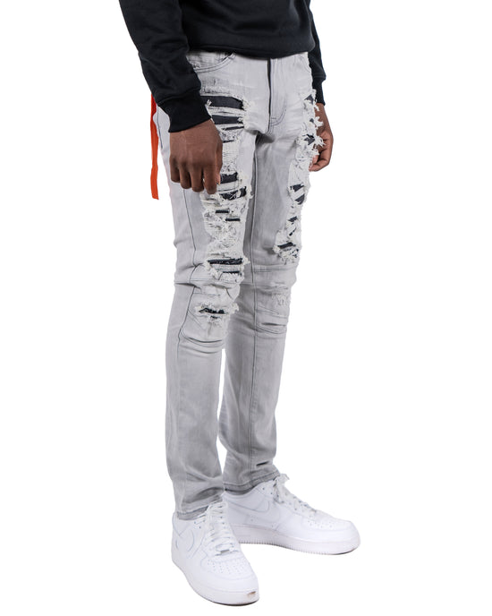 BALLARD | Two Tone Rip & Repair Skinny Fit Denim Moto Jeans in Grey