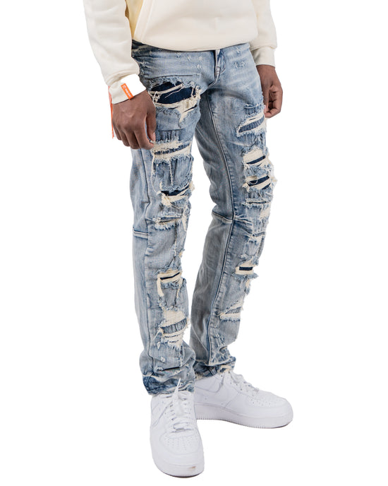 WRIGLEY | Rip Torn Destroyed Skinny Denim Jeans in Aspen Blue