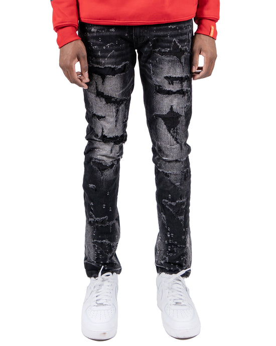 TOUHY | White Paint Splatter Rip & Repair Skinny Fit Urban Denim Jeans in Black