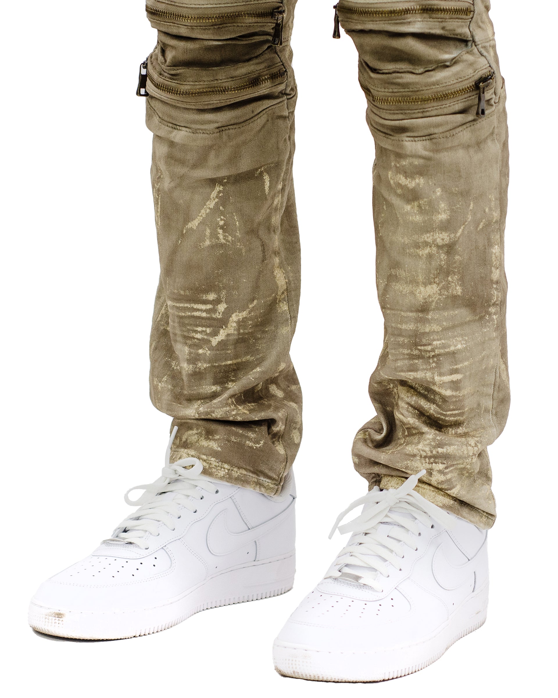 CICERO | Distressed Paint Splatter Zip Knee Slim Fit Urban Moto Denim Jeans in Hazelnut