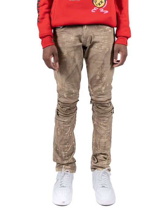 CICERO | Distressed Paint Splatter Zip Knee Slim Fit Urban Moto Denim Jeans in Hazelnut