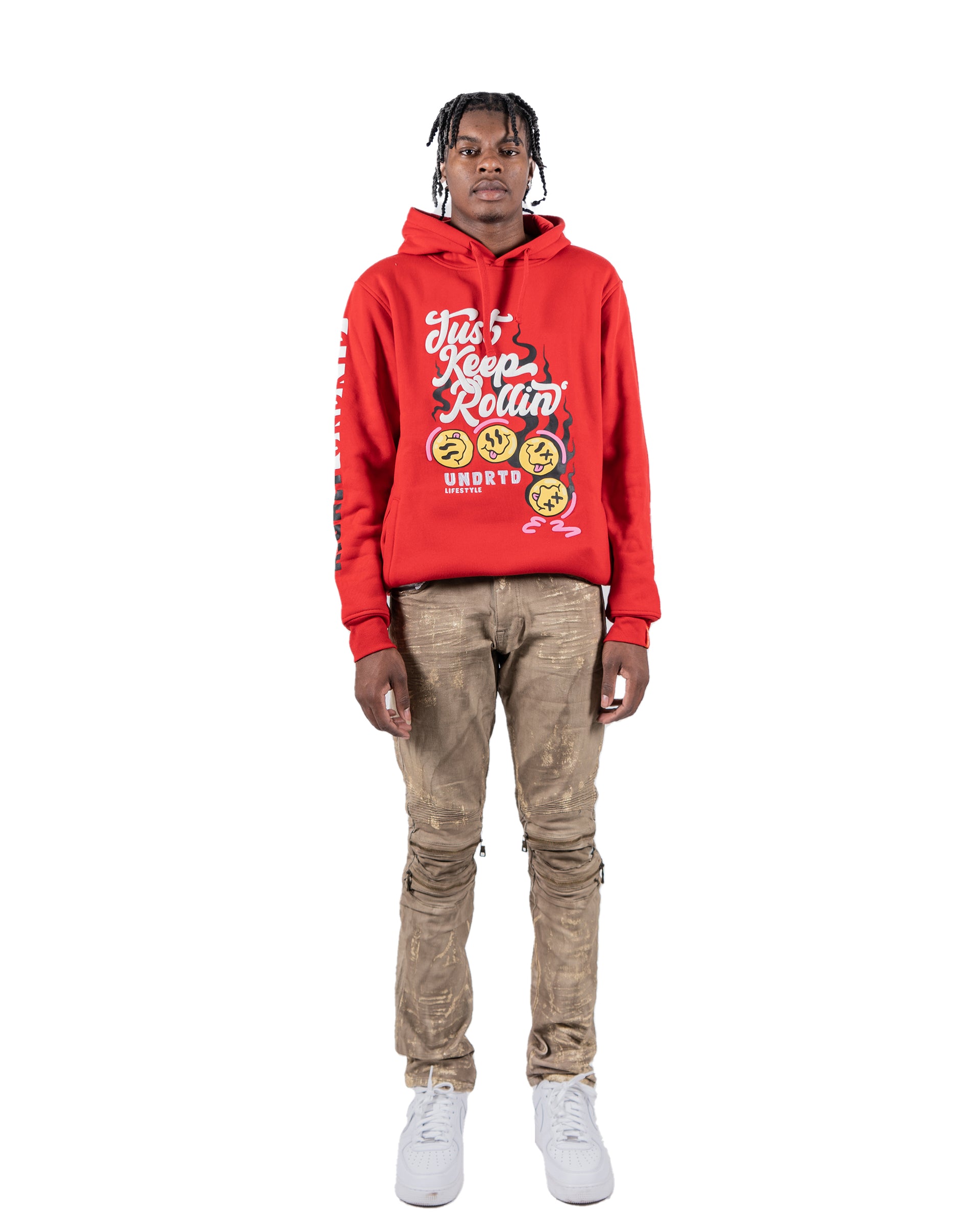 CICERO | Distressed Paint Splatter Zip Knee Slim Fit Urban Moto Denim Jeans in Hazelnut