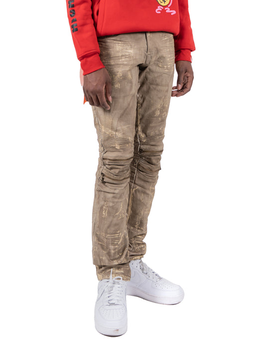 CICERO | Distressed Paint Splatter Zip Knee Slim Fit Urban Moto Denim Jeans in Hazelnut