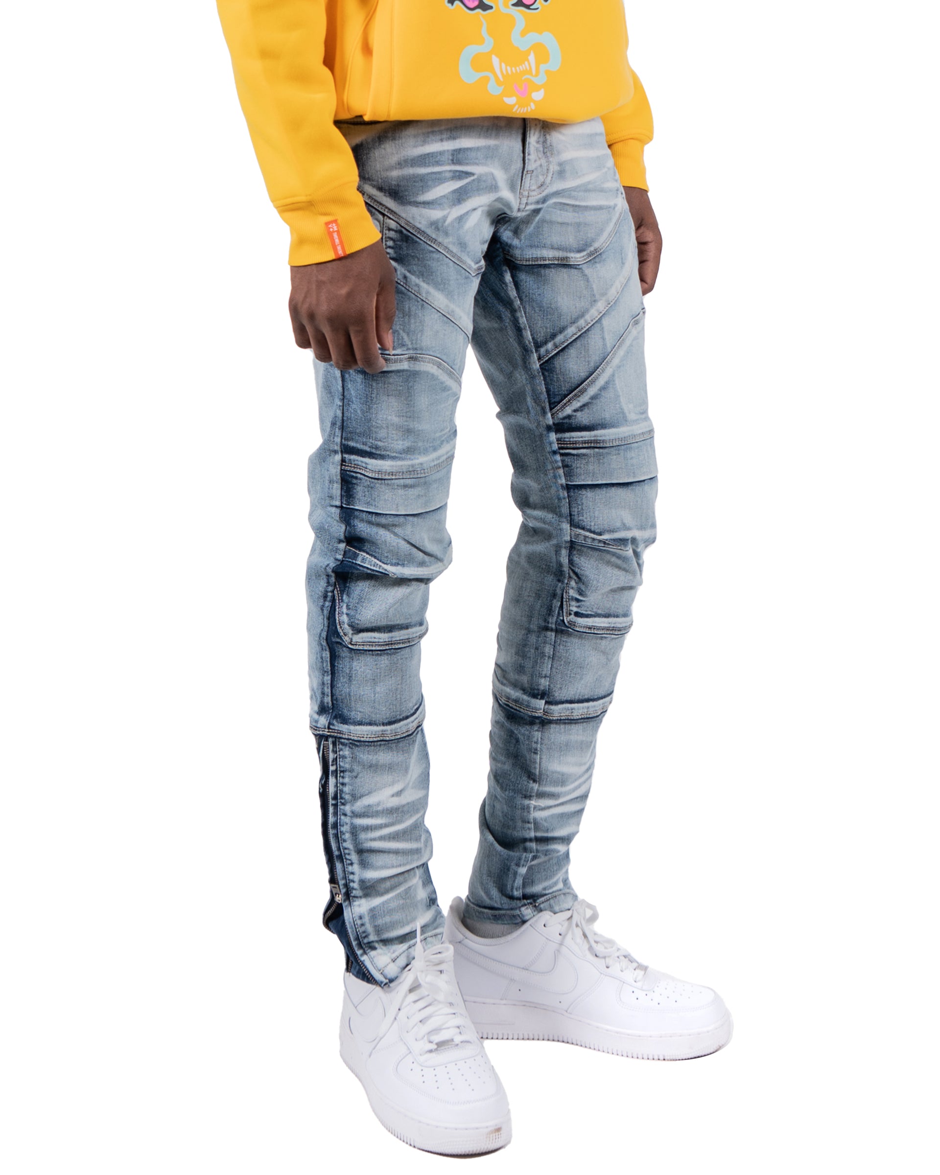 RAVENSWOOD | Ankle Zipper Multi Seam Skinny Moto Denim Jeans in Acid Wash
