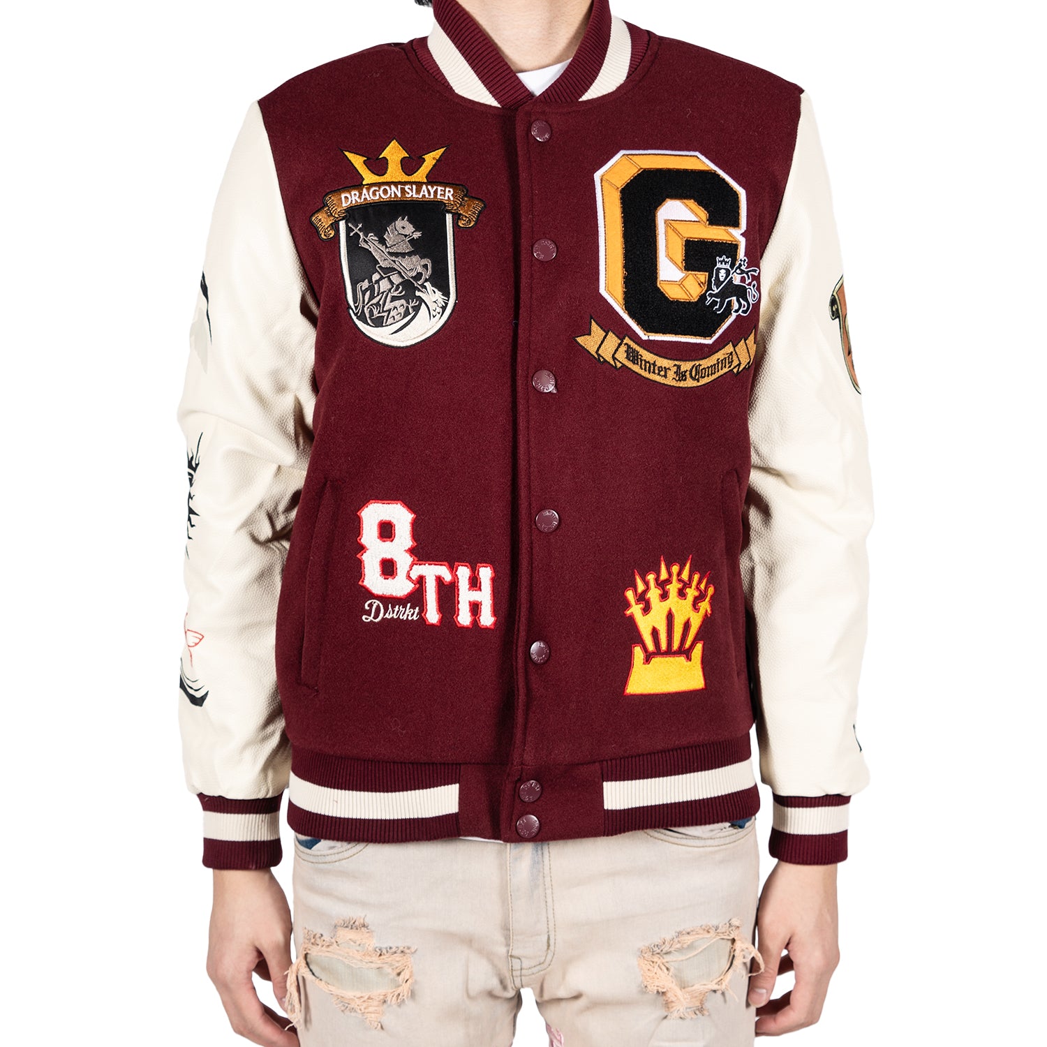 Men's Royal Throne Dragon Slayer Varsity Bomber Jacket | Burgundy